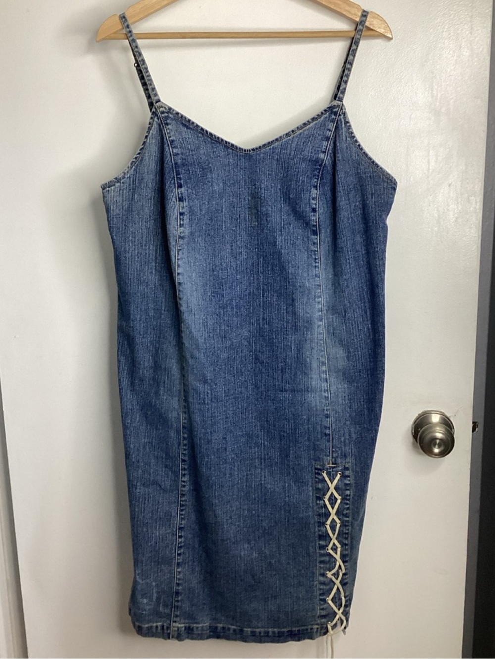 Vintage Denim Y2K Spaghetti Strap Midi Dress in Blue Denim 14